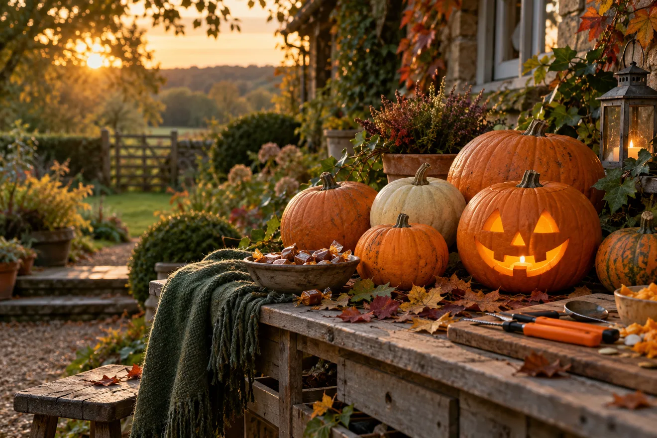 Pumpkins, a glowing jack-o’-lantern and autumn decorations on a garden table