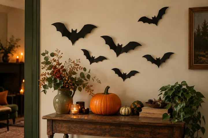 Paper bat decorations on an autumn wall