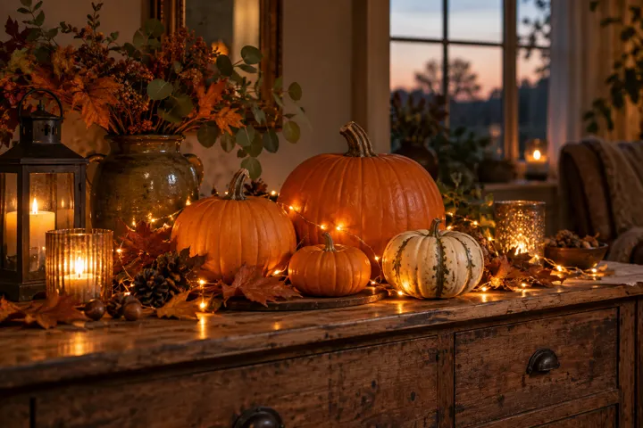 Orange fairy lights around pumpkins